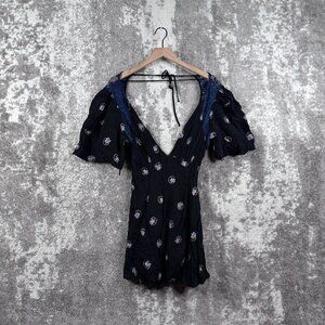 Free People Dress 4 Womens Black Mini V Neck Sheer Lace Trim Floral